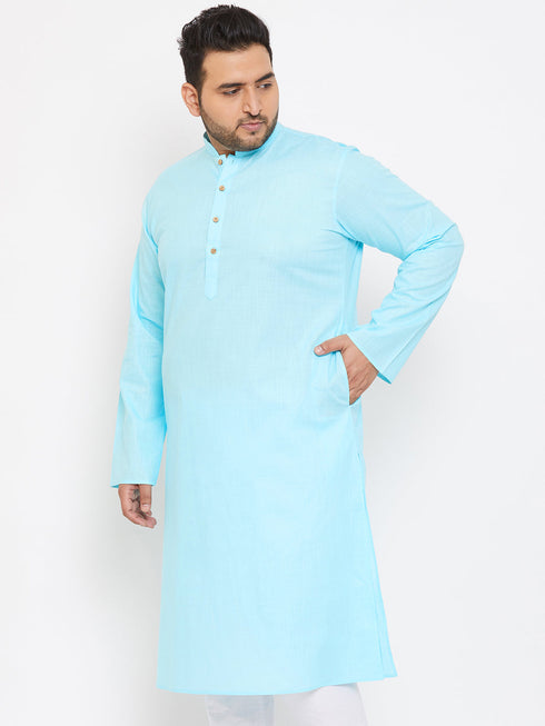 Vastramay Men's Plus Size Aqua Blue Cotton Kurta